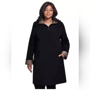 Plus Size Gallery Woman Contrast-Trim Hood Rain Jacket- Black Trench Coat. 3X